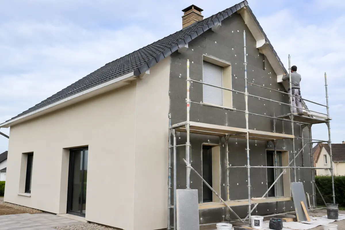 Maison dont la façade est recouverte de panneaux isolants avant application de l’enduit de finition