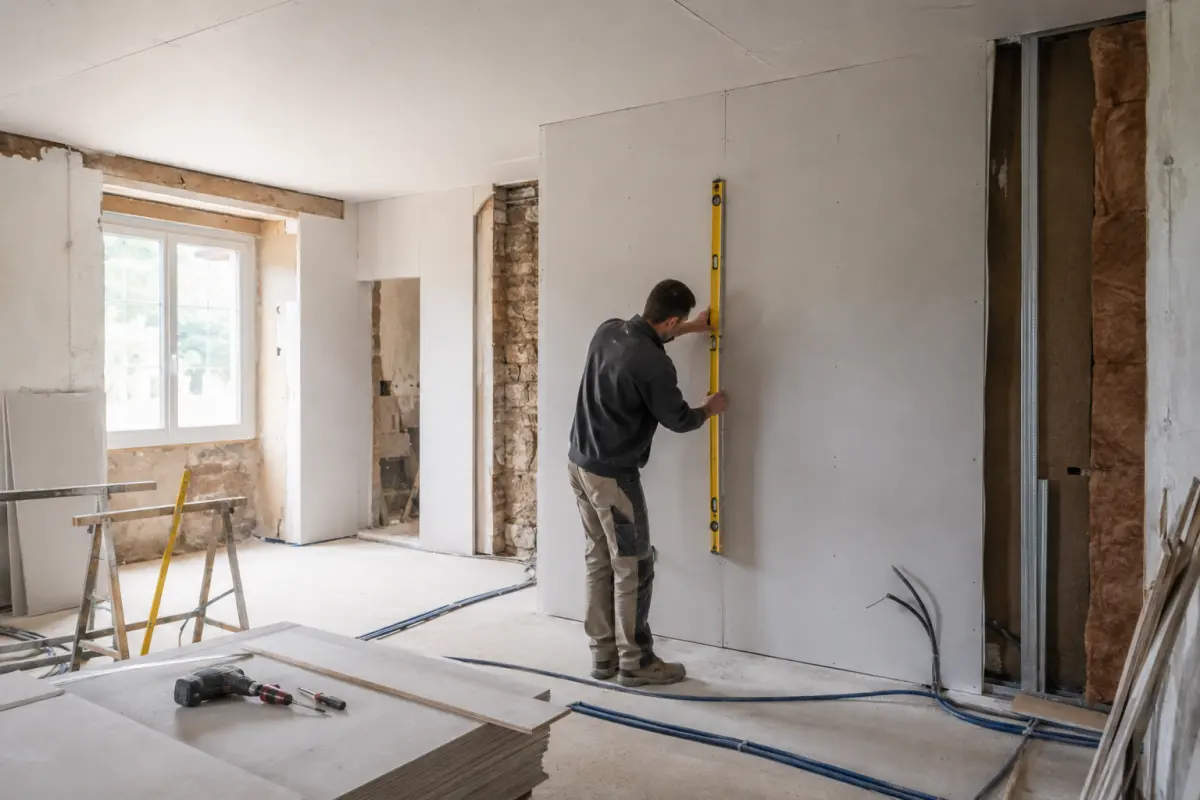 Cloison en plaques de plâtre contrôlée au niveau dans une pièce en cours de rénovation intérieure