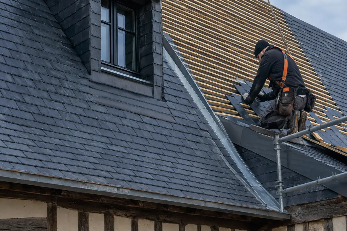 Couvreur posant des ardoises sur un pan de toiture en cours de réfection